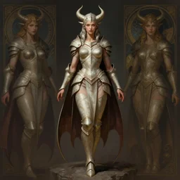 portrait of a full body of beautiful female succubus with light armor, d & d, fantasy, arcane, flat lighting, intricate, muscular, highly detailed, digital painting, artstation, concept art, smooth, sharp focus, illustration, art by simon bisley and greg rutkowski and alphonse mucha, natural tpose