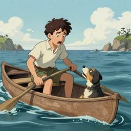a terrified 19th century boy stuck on a canoe in the ocean with a dog barking at him comedic illustration
