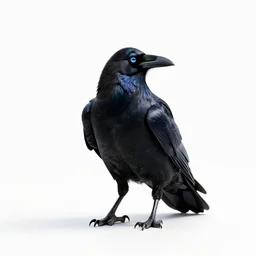 mythical glowing raven, studio photography, full body, isolated on a pure white background, centered, entire subject in frame, sharp focus, soft studio lighting