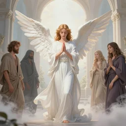 A lovely angel greeting souls of sinners at the gates of Heaven by Dan Mumford and Josan Gonzalez and Feng Zhu and Loish and Stephen Gammell: 1, black border: 0.75, vibrant: 0.75, psychedelic, white: 0.5, blue: 0.5