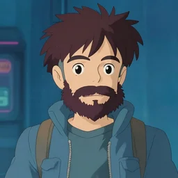 studio ghibli cyberpunk portrait character, charming japanese cyberpunk portrait of a bearded character, cartoon,