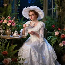fantasy, glow, shimmer, emma watson as victorian woman in a long white frilly lace dress and a large white hat having tea in a sunroom filled with flowers, roses and lush fern flowers ,intricate, night, highly detailed, dramatic lighting , high quality