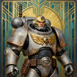 Art Deco painting portrait of space-marine in Art Deco architecture high detail warhammer 40k