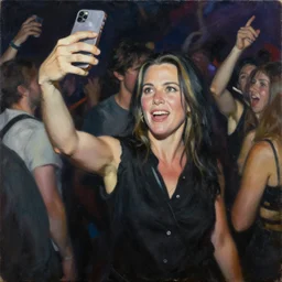 The photo that Nan Goldin took as a selfie while in the moshpit of a club designed by Tom of Finland, hyperrealism oil on canvas by Dan Witz