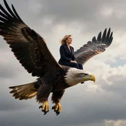 alec baldwin sits on a back of giant eagle, flying high in a sky, photo