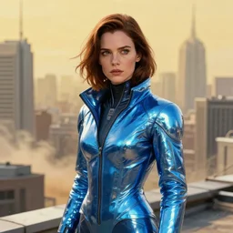 2 0 1 8 blade runner movie still ramona flowers look at the cityscape from roof perfect face fine realistic face pretty face reflective polymer suit tight neon puffy jacket blue futuristic sci - fi elegant by denis villeneuve tom anders zorn hans dragan bibin thoma greg rutkowski ismail inceoglu illustrated sand storm alphonse mucha