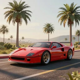 a 3D render depicting Outrun videogame. Car. Red Ferrari. Palm trees. Horizon. Unreal Engine. Octane Render. Vray. Arnold Render. Car Shader. 80s Videogame.