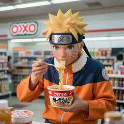 Naruto eating an instant soup at an oxxo mexican convenience store, lofi thumbnail