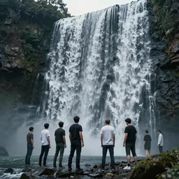 A waterfall made of humans by Greg Rutkowski, Sung Choi, Mitchell Mohrhauser, Maciej Kuciara, Johnson Ting, Maxim Verehin, Peter Konig, final fantasy, 8k photorealistic, cinematic lighting, HD, high details, dramatic, atmospheric , trending on artstation