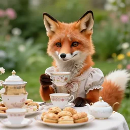 film still from the movie chappie outdoor park plants garden scene bokeh depth of field sitting down at a table having a delicious grand victorian tea party crumpets close up masterpiece portrait of a furry anthro anthropomorphic stylized fox wearing dress