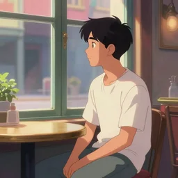 a male teenager sitting on a cafe and looking to a window, artgerm, anime style, pixar and disney style, path traced, color painting, anatomically correct, cinematic, high coherence, highly detailed, high quality, serene scene, colorful, symmetrical, beautiful, elegant, short black hair, vintage, unreal engine 5