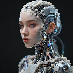 beauty woman made of small cubes and lasers, very detailed, dramatic lighting, mechanical details, electrical details, high details, 4k, 8k, trending on artstation, by Hajime Sorayama and Boris Vallejo