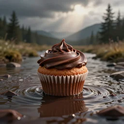 an image of a realistic cupcake with chocolate icing floating on a river of chocolate
