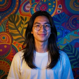 colorful and Festive Captivating young man with longer straight black hair, round glasses, white t-shirt, smiling, innocent look. rich vivid colors, ambient lighting, dynamic lighting, 4k, atmospheric lighting, painted, intricate, highly detailed by Charlie Bowater