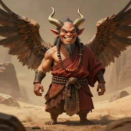 a portrait of a friendly!, good spirited!!! daemon monk warrior with small horns and large wings, toothy grin, in the style of bayard wu!!!!, trending on artstation, desert background, shadowy, chaotic undertones, high detail 8 k, unreal engine 4
