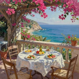 oil painting of a table on a terrace, m set with plates of food overlooking a coastal scene. bougainvillea flowers adorn the terrace. style of sam park.