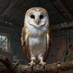 an extremely detailed masterpiece surreal painting of a barn owl in the barn, in the style of brian froud, brian despain, brian bolland, digital art, unreal engine, volumetric lighting, dark moody lighting, post apocalyptic, 4 k