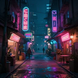 cyberpunk style slum street with shops with neon sign in night, photorealism, unreal engine, 8 k, volumetric lighting, beeple style