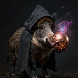 a boar, wearing a hooded cloak, holding a copper orb, eel nebula, by vincent desiderio
