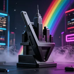 cityscape computer device metal black hard angles with cyberpunk city dark background neon rainbow vivid colors stardust photo smoke 8 k