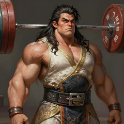 painted portrait of rugged thick muscular very beautiful female weightlifter [ samus aran ], big wide face, long hair, upper body, robe fantasy intricate elegant highly detailed digital painting, artstation, concept art, smooth, atmospheric lighting sharp focus illustration art by craig mullins greg rutkowski and artgerm
