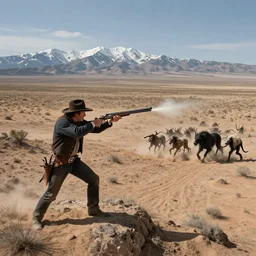 an ultradetailed image of dean winchester as an old west gunfighter shooting at a charging wendigo, ultrawide lens, aerial photography, desert landscape with snowy mountains in the far background, masterpiece, 8 k, art by greg rutkowski and albert bierstadt