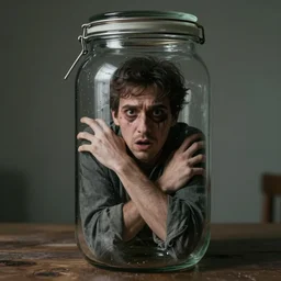 a man scary locked inside a glass jar, photorealistic