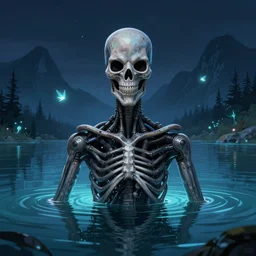 portrait of the terminator in a magical lake, half submerged in water, highly detailed, digital painting, artstation, night scene with moutains with glowing sprites, wlop concept art, smooth, sharp focus, illustration, art by dreadjim, craig mullins and greg rutkowski, 8 k