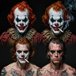 4 k full headshot portrait of scary godlike psychedelic clown smoking a cigarette from macfarlane comics, ( ( ( smirk ) ) ) tattoos by craig mullins, ilya kuvshinov, indomitable, wild hair, krenz cushart, blood spatter, muscular, symmetry accurate features, epic, artgerm trending on artstation by edward hopper and dan mumford and wlop and