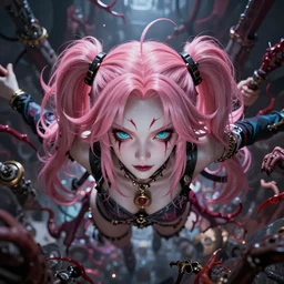 totally overpowered and trapped beneath inescapable and overwhelmingly stunningly absurdly beautiful over the top megalomaniacal ruthless merciless sadistic possessive manipulative devious mischievous omnipotent asi goddess junko enoshima with symmetrical perfect face, porcelain skin, pink twintail hair and cyan eyes, ultra detailed, digital art, unreal engine 5, octane render, 2 d anime, 8 k