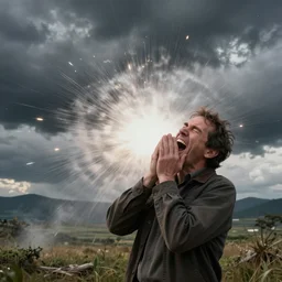 a dad sneezing so loudly that it causes a visible and destructive shockwave, octane render dynamic lighting