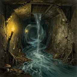 deep water flows through waist - deep flooded sewer tunnels. fantasy art, underground, stream, crumbling masonry, darkness, sewage falling from grates, abandoned spaces, torchlight. sketch art. roots, mud, mushrooms, d & d.