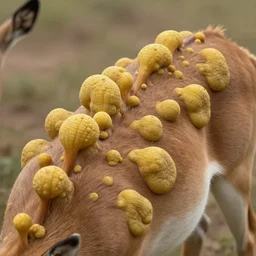 An antelope with many large yellowish leathery, rounded convex tumors, sacs, and humps of various sizes growing on its spine. Concept art, octane render, extremely high detail, details, hyperrealism, cinematic, 8k, depth of field