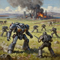 an epic scene of BattleTech battlemech battle on the scottish plains as a futuristic city smolders in the distance, action scene, illustration, soft lighting, very detailed, painting oil on canvas by Jim Burns by Carl Gustav by Robert McCall, trending on artstation, 4k, 8k, HD