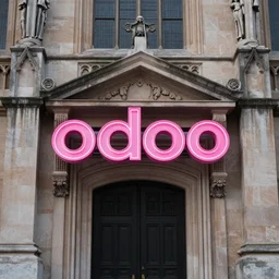 A pink neon sign with rounded letters spelling 'odoo' above the front door of a cathedral