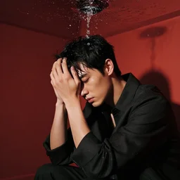 music makes a young man suffer in a red room with water on the ceiling