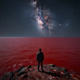 man moves into the Triassic period, finding himself on an island of land in the middle of a red-red-red-red-blood-colored ocean, with an open view of the night sky and the stars of the Milky Way, made by H.R. Giger