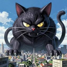Huge evil cat figure above a city, in the style of Kentaro Miura, Berserk, landscape, hyperdetailed, ultra quality, 4k, ultra details