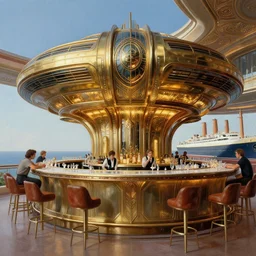 people enjoying the bar on the atlantis paradise, a retro futuristic spaceship made of brass bronze gold, art deco influence, hotel style design. bioshock, starship titanic. clean, well composed painting by artgerm and greg rutkowski