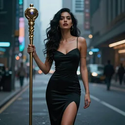 alone gorgeous latin woman, holding a staff, cyberpunk city street, illustration, by barbucci, cinematic color grading, hyperrealism, elegant, vfx, octane render, 8 k