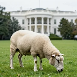 a photo of a sheep eating grass, the whitehouse in the background