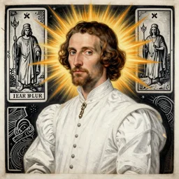a painting of a man in a white outfit, a character portrait by jean fouquet, reddit, synthetism, woodcut, grotesque, tarot card