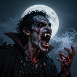 bloody and menacing vampire opening its mouthx and baring its fangs under the moon with vapor in twilight, darkart, hyperdetailed, hyperealistic, cinematography, 8k,beautiful,Artstation, beautiful