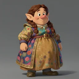 dwarf noblewoman with braided hair, big nose, chubby and plump body, full body character portrait, brocade dress, colorful, highly detailed, digital art by studio ghibli and greg rutkowski and takehiko inoue