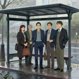 bus stop on a rainy day, artstation, elegant, highly detailed, digital painting, concept art, smooth, sharp focus, illustration, art by don bluth and michel ocelot and makoto shinkai and tom whalen and atey ghailan and akihiko yoshida