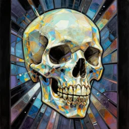 an epic fantastic realism comic book style painting of a skull shaped glassine fractal dichroic shard geometry low poly stained glass window, dynamic lighting