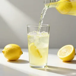 lemonade being poured into a glass, still life, fluid dynamics, unreal 3000, glass in sunbeams, HD