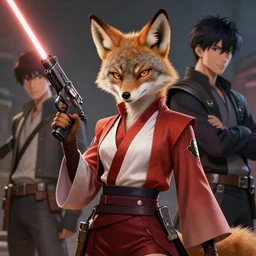 beautiful portrait of a female anthropomorphic coyote fursona wearing sexy jedi robes wielding a blaster laser pistol. character design by charlie bowater, ross tran, artgerm, and makoto shinkai, detailed, soft lighting, rendered in octane