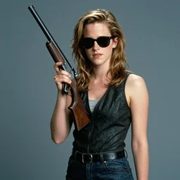 The Terminator (1984) movie poster emma watson wearing sunglasses holding a shotgun model photoshoot