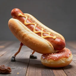 realistic hot dog with arms and legs attacking a donut, photorealistic, high resolution, intense